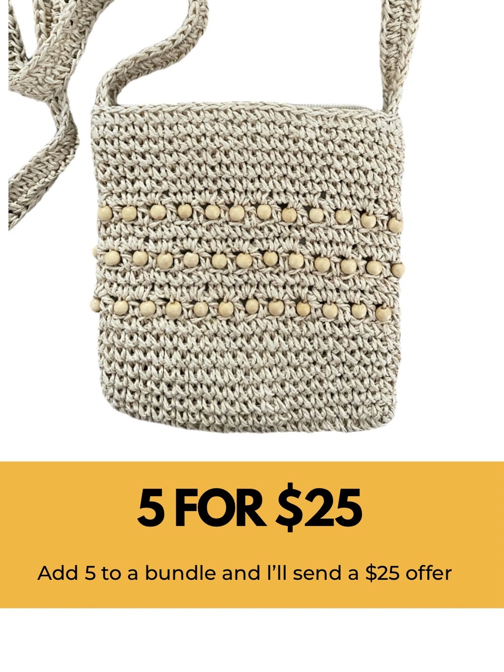 Small Pouch Woven Crossbody Bag with Wood Bead Detail - Cream